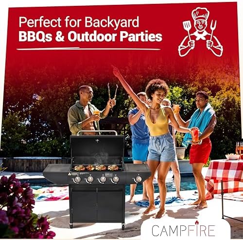 Gas BBQ Grill 5 Burner (4 Main + 1 Side Burner), Outdoor Barbecue with Steel Warming Rack, Storage Cabinet, Temperature Gauge