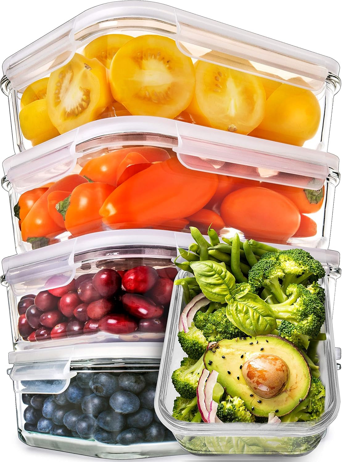 [5-Pack] Food Prep & Storage Glass Containers with Lids - Airtight Glass Meal Prep Containers Reusable